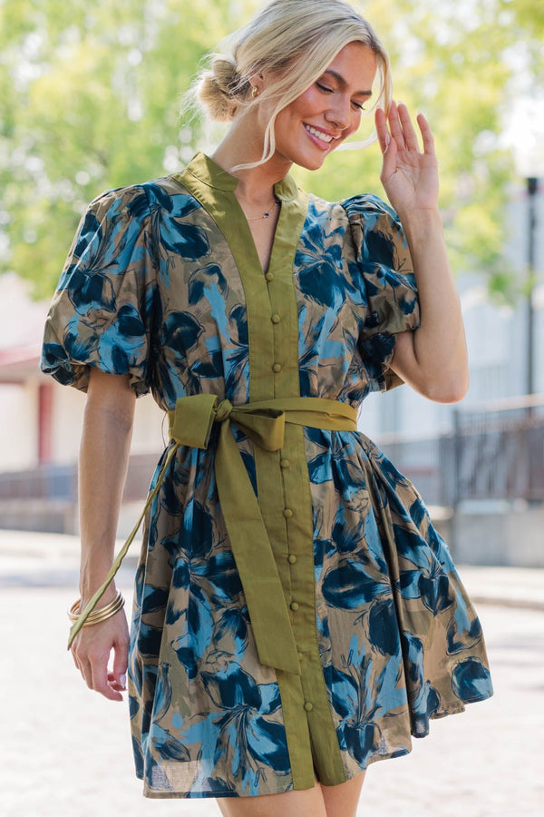 Stolen Glances Olive Floral Dress