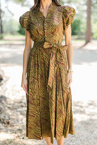 First Signs Of Fall Olive Zebra Midi Dress