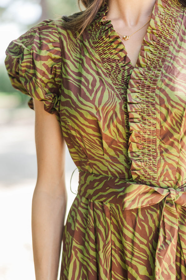 First Signs Of Fall Olive Zebra Midi Dress
