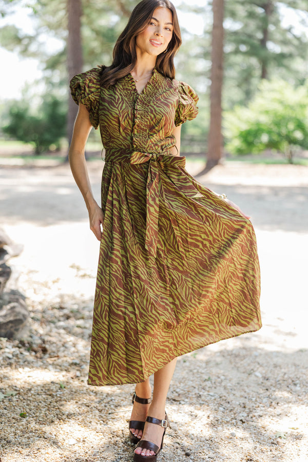 First Signs Of Fall Olive Zebra Midi Dress