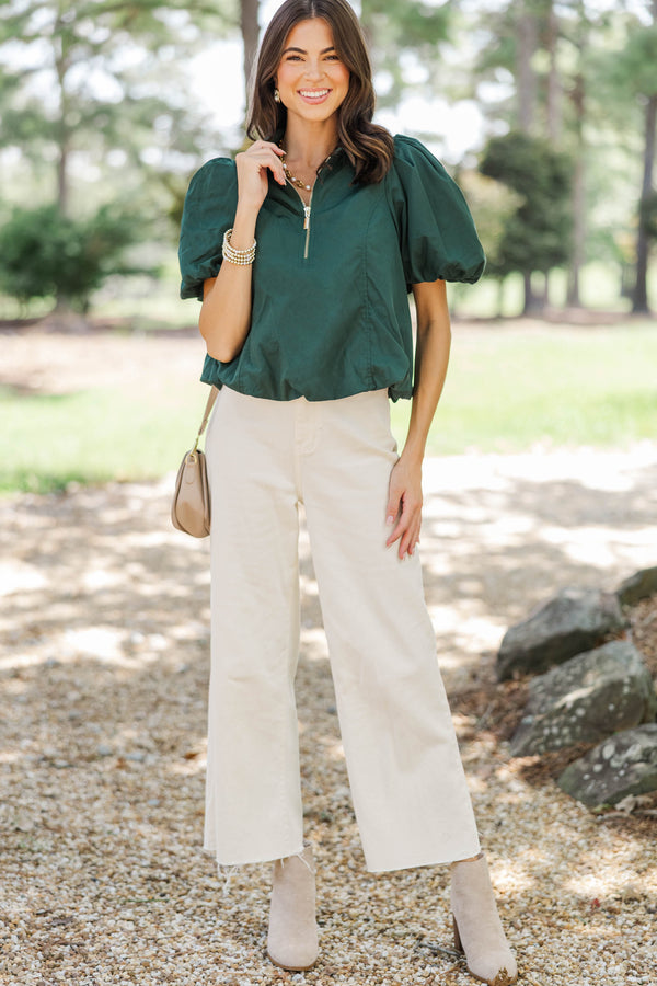 Lucky Find Hunter Green Puff Sleeve Blouse