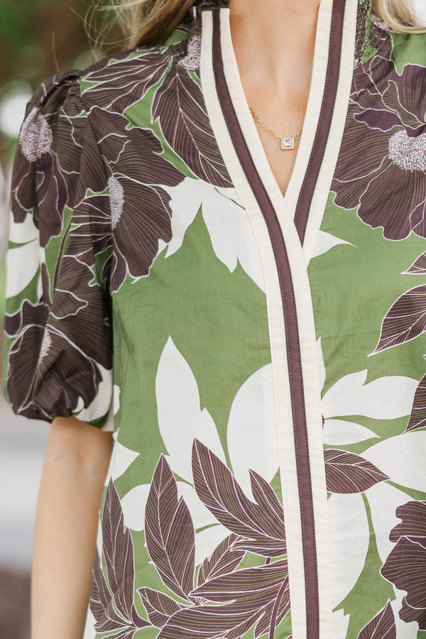 Turning Leaves Olive Floral Blouse
