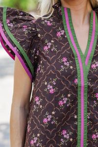 Into Fall Brown Ditsy Floral Blouse