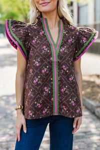 Into Fall Brown Ditsy Floral Blouse