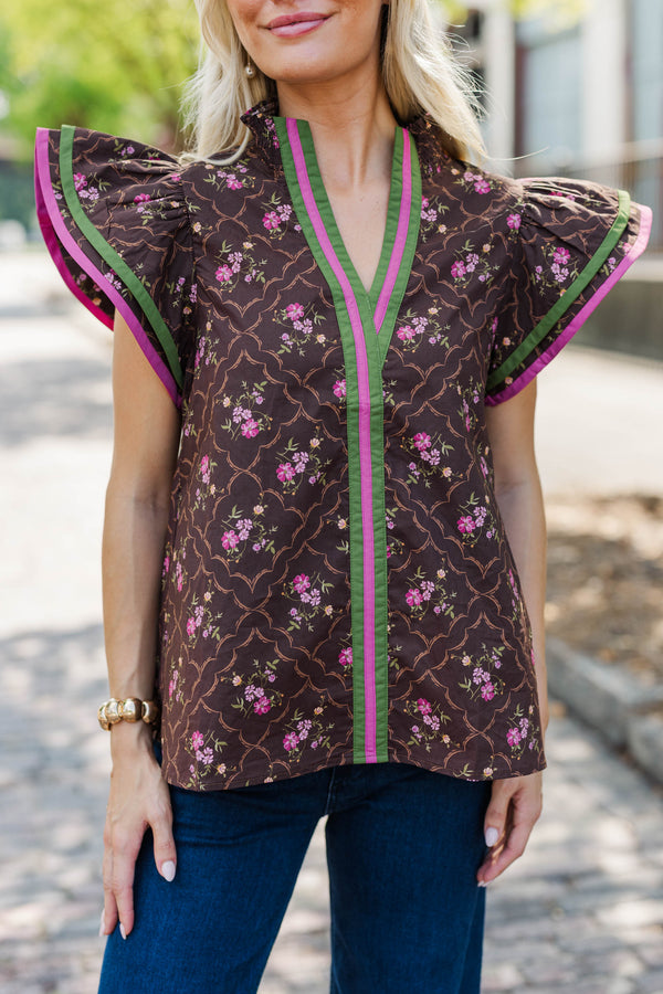 Into Fall Brown Ditsy Floral Blouse