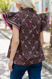 Into Fall Brown Ditsy Floral Blouse