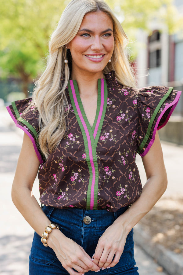 Into Fall Brown Ditsy Floral Blouse