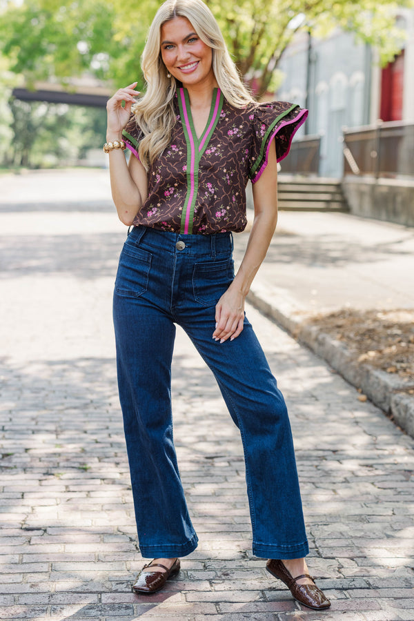 Into Fall Brown Ditsy Floral Blouse