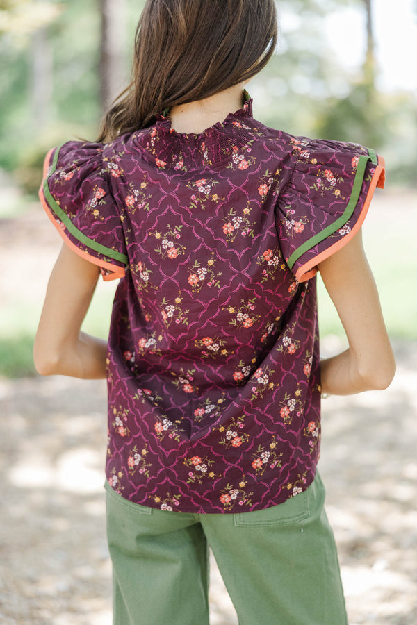 Into Fall Plum Ditsy Floral Blouse