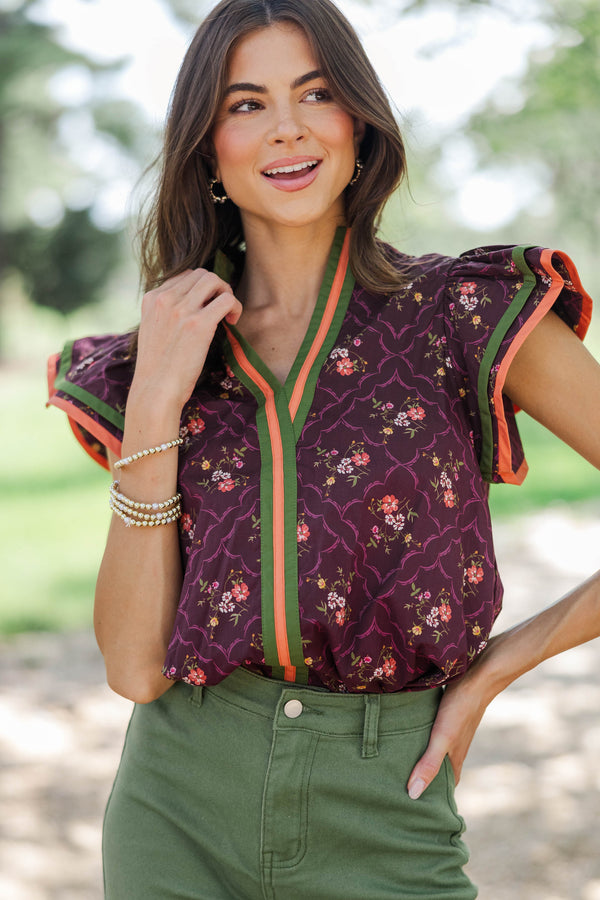 Into Fall Plum Ditsy Floral Blouse