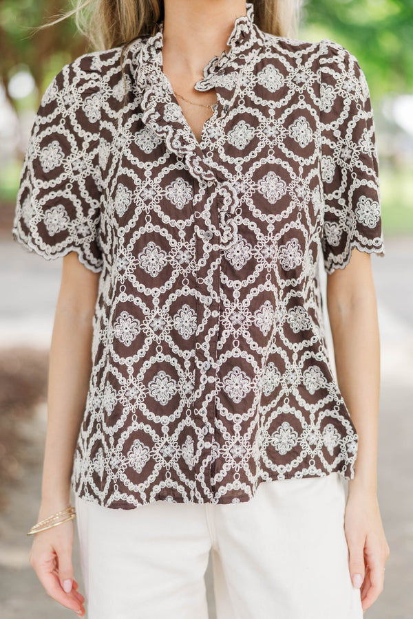 Worth Every Wear Brown Embroidered Blouse