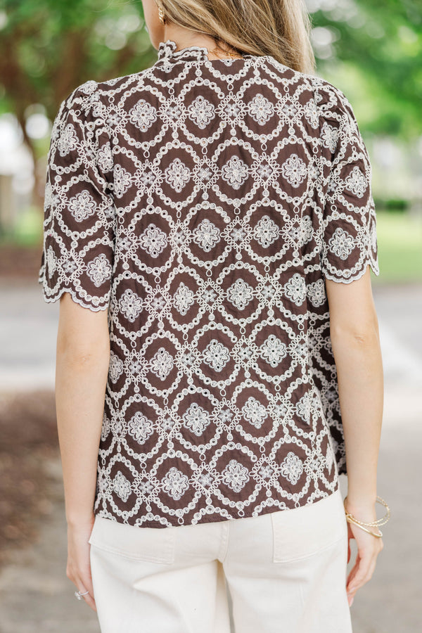 Worth Every Wear Brown Embroidered Blouse