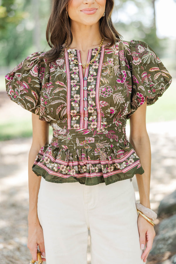 Day By Day Olive Ditsy Floral Blouse