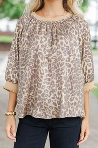 For The Fun Of It Taupe Leopard Blouse