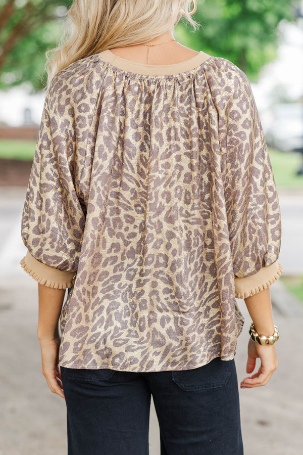 For The Fun Of It Taupe Leopard Blouse