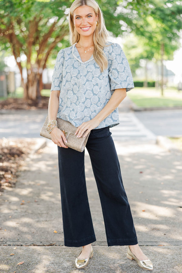 Volume One Blue Textured Pearl Blouse