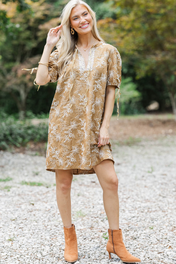 Here We Are Taupe Embroidered Shift Dress – Shop the Mint
