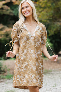 Here We Are Taupe Embroidered Shift Dress
