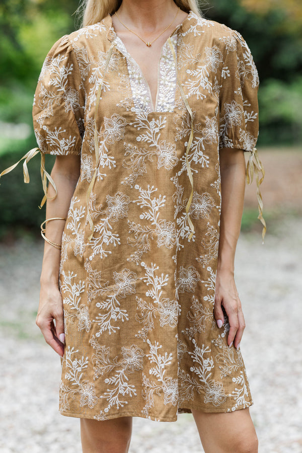 Here We Are Taupe Embroidered Shift Dress