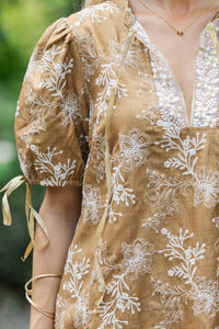 Here We Are Taupe Embroidered Shift Dress