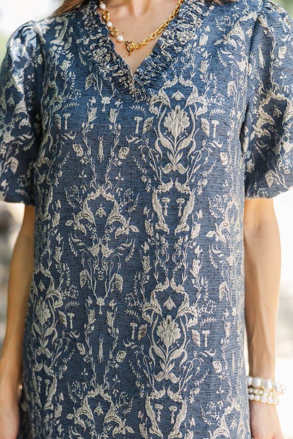 A Little Luxe Navy Brocade Dress