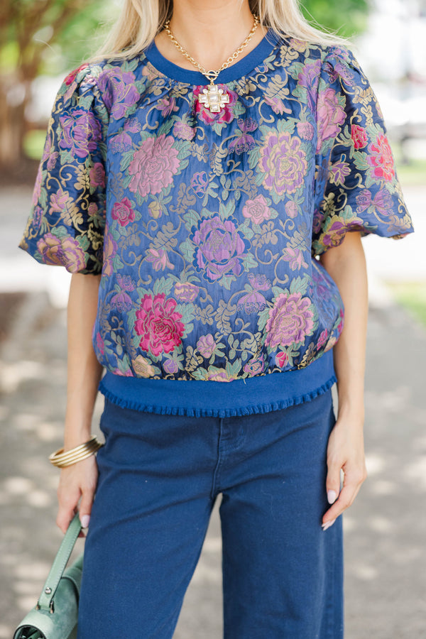 Lasting Impression Navy Brocade Blouse