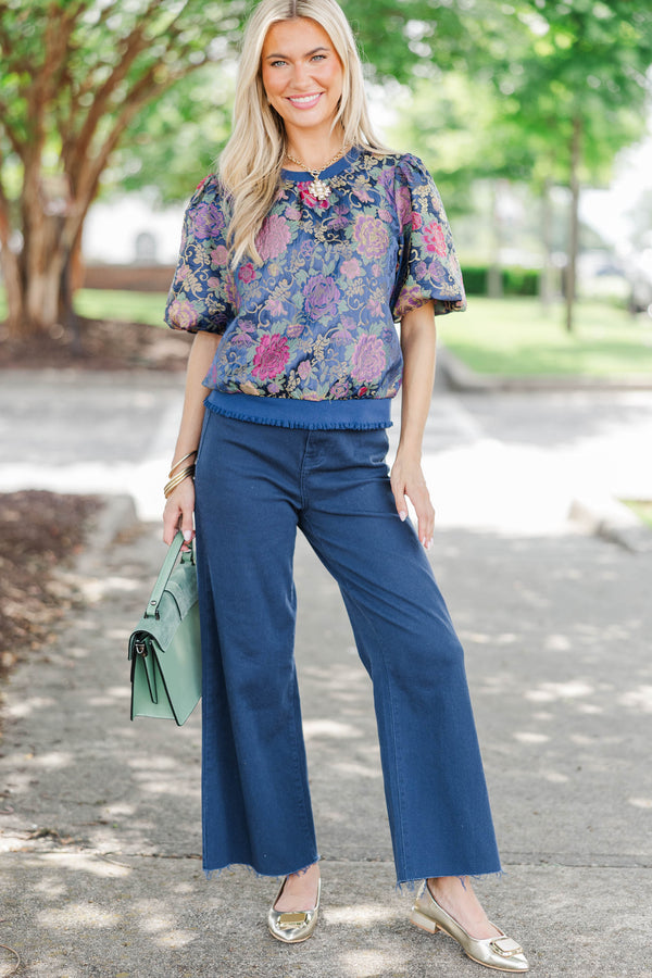 Lasting Impression Navy Brocade Blouse