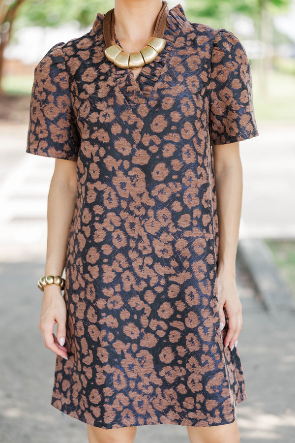 Weekend Plans Brown Leoaprd Brocade Dress
