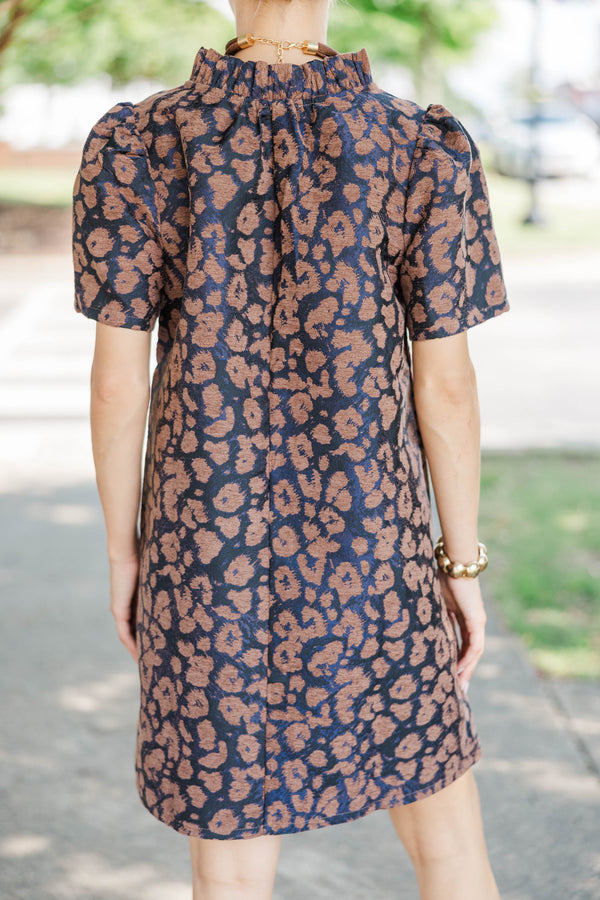 Weekend Plans Brown Leoaprd Brocade Dress