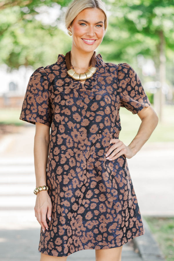Weekend Plans Brown Leoaprd Brocade Dress