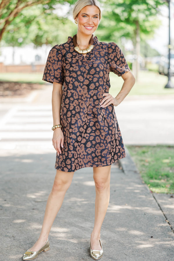 Weekend Plans Brown Leoaprd Brocade Dress