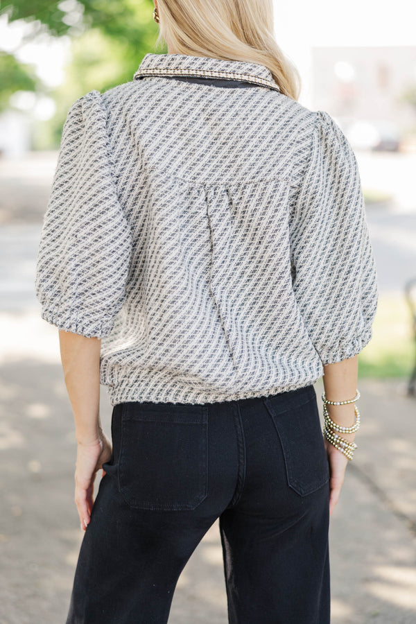 Bookmarked Gray Tweed Collared Blouse