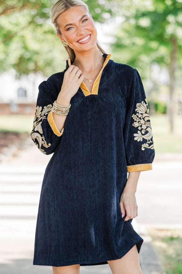Every Little Detail Navy Velvet Embroidered Dress