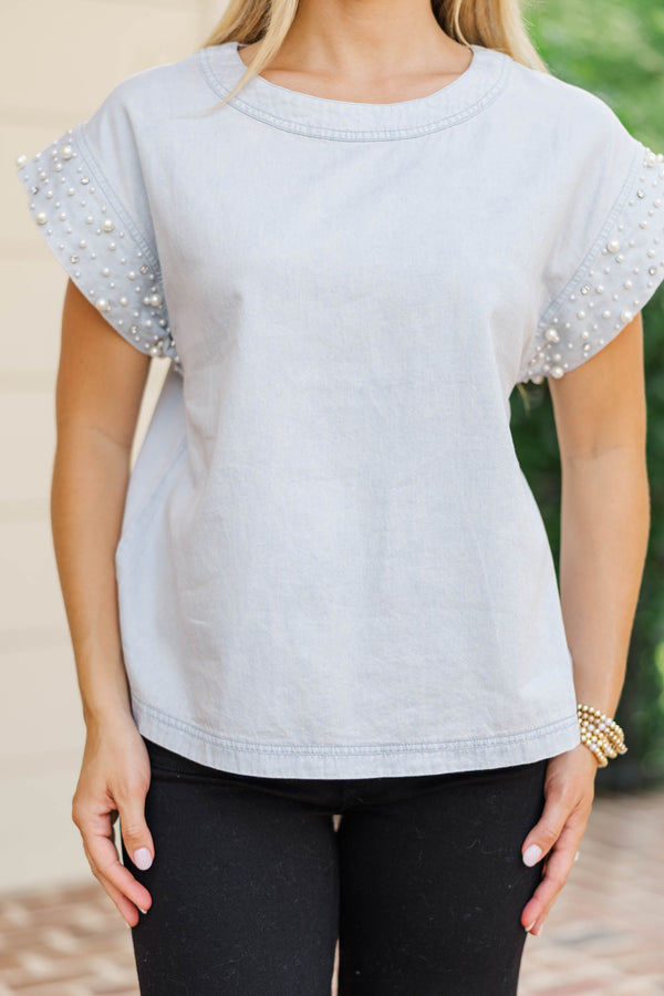 Be Bold Denim Light Blue Embellished Blouse