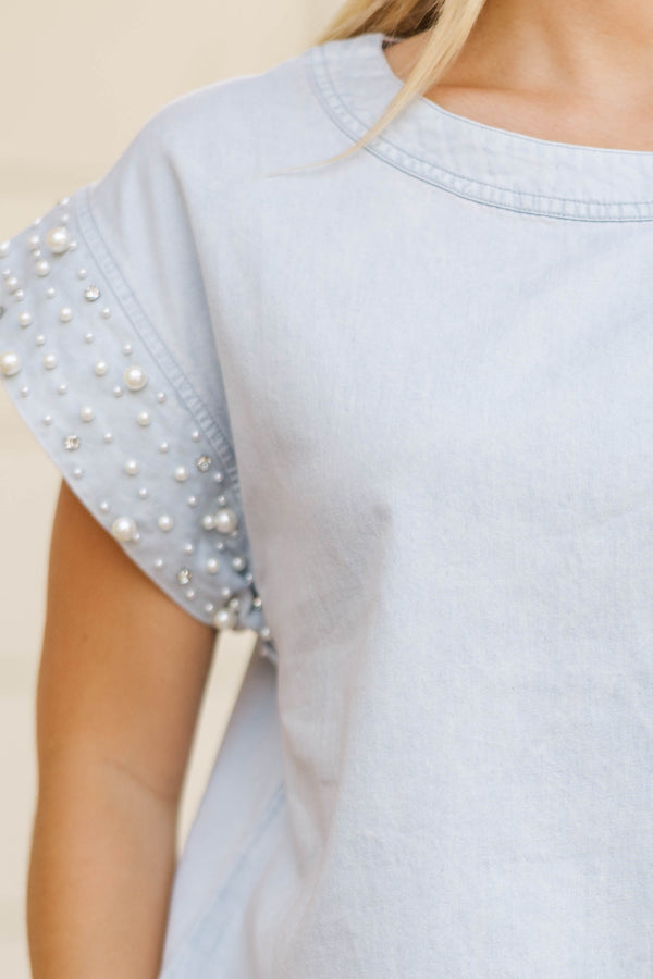 Be Bold Denim Light Blue Embellished Blouse