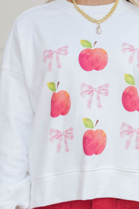 A+ Style White Apple & Bows Graphic Sweatshirt