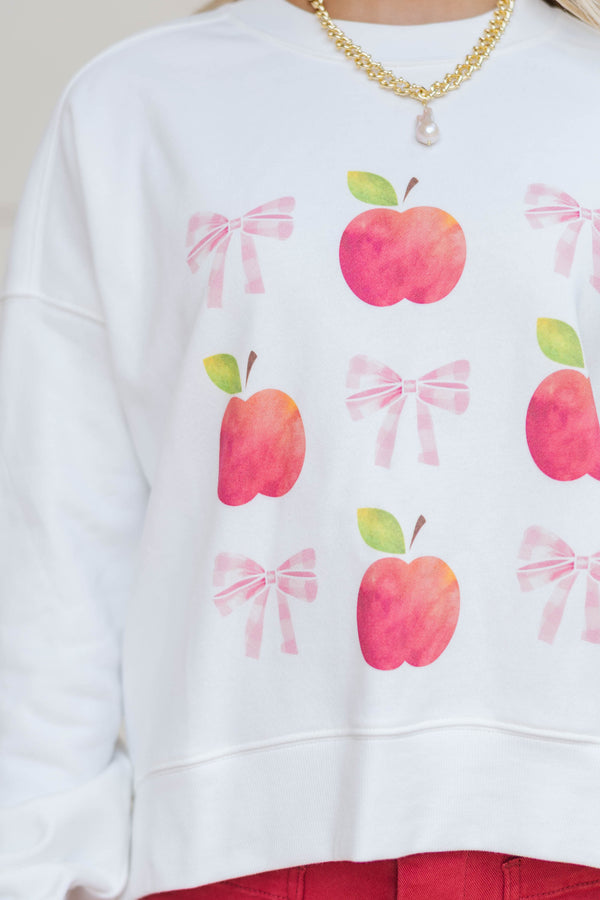 A+ Style White Apple & Bows Graphic Sweatshirt