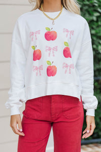 A+ Style White Apple & Bows Graphic Sweatshirt