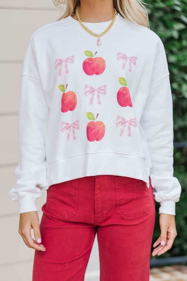 A+ Style White Apple & Bows Graphic Sweatshirt