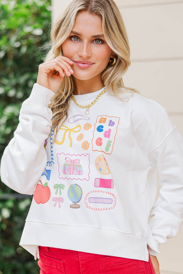 Ready To Learn White Graphic Sweatshirt