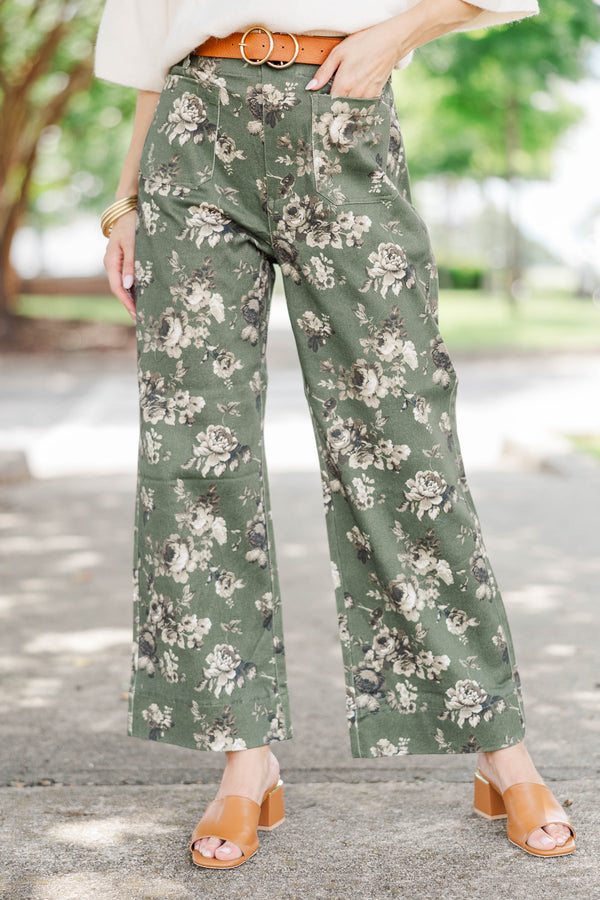 Too Good Not To Olive Floral Wide Leg Jeans