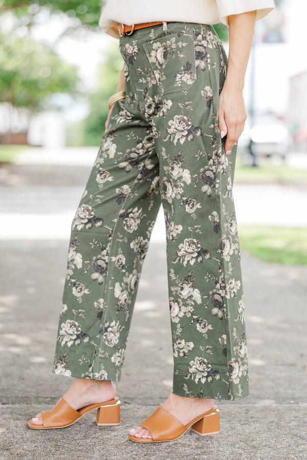 Too Good Not To Olive Floral Wide Leg Jeans