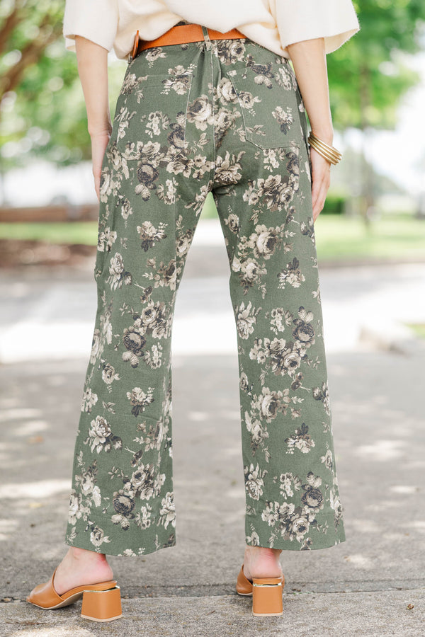 Too Good Not To Olive Floral Wide Leg Jeans