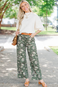 Too Good Not To Olive Floral Wide Leg Jeans