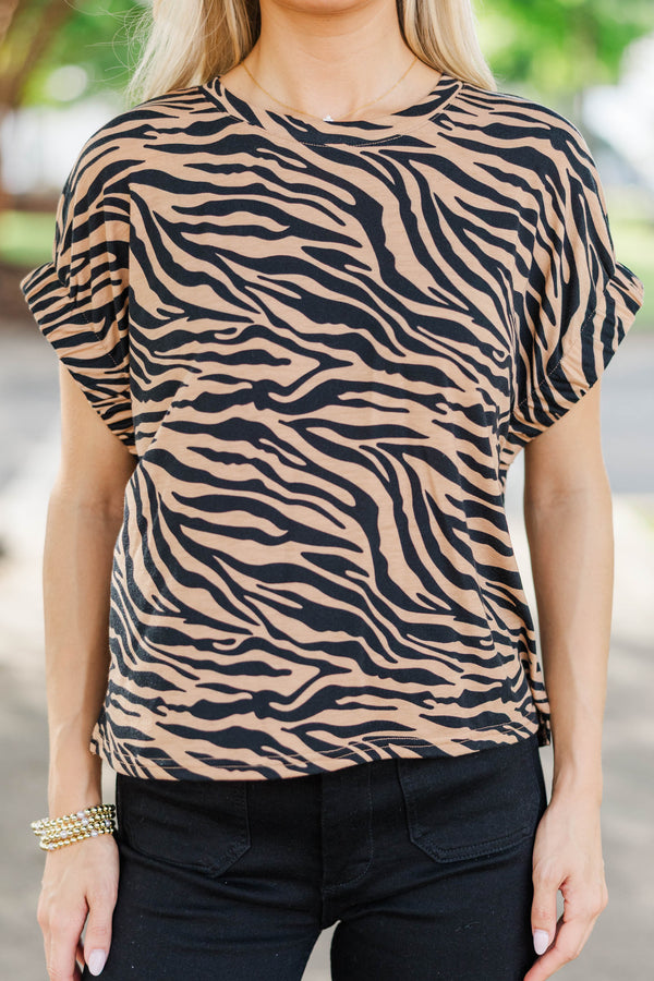 Exactly Right Taupe Tiger Print Top