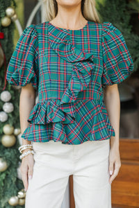 Christmas Darling Emerald Plaid Ruffle Blouse