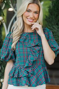 Christmas Darling Emerald Plaid Ruffle Blouse