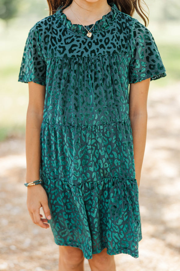 Girls: The Skylar Green Leopard Print Velvet Dress