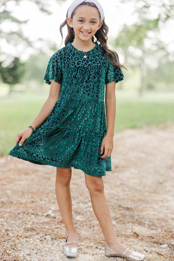 Girls: The Skylar Green Leopard Print Velvet Dress