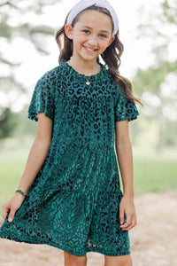Girls: The Skylar Green Leopard Print Velvet Dress